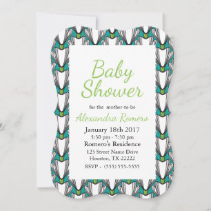 Invitation Fleurs blanches Art déco et Baby shower vert