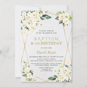 Invitation Fleurs blanches Baptême d'or 1er anniversaire