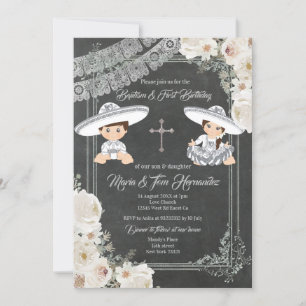 Invitation Fleurs blanches Baptême et Jumeau de fête d'annive