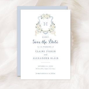 Invitation Fleurs Blanches Bleu Poussiéreux Crest Save the Da