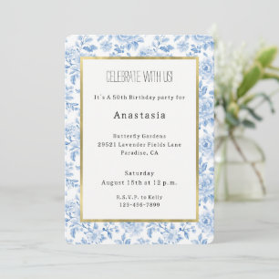 Invitation Fleurs Blanches Bleues Romantiques Anniversaire