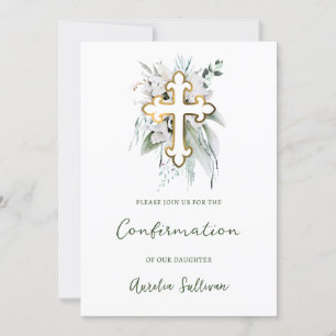 Invitation Fleurs blanches Bouquet vert Confirmation
