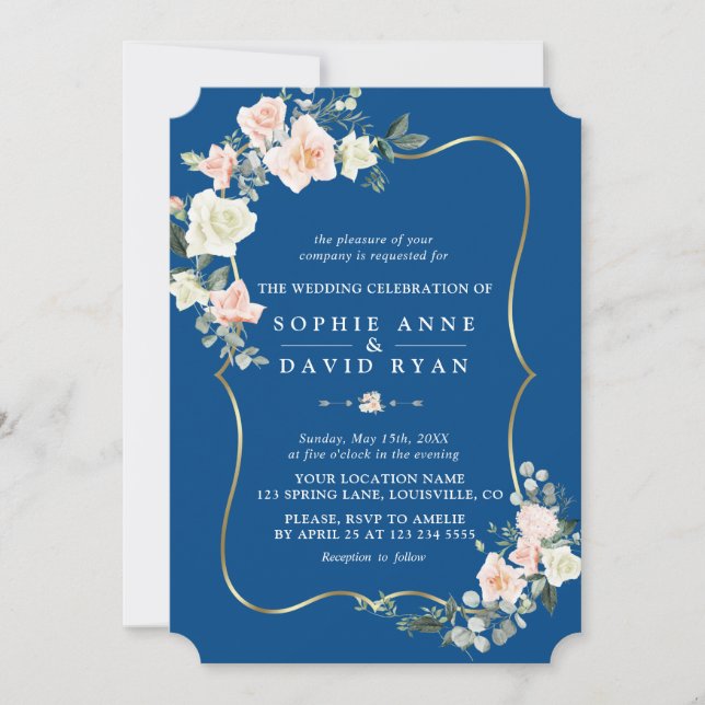 Invitation Fleurs blanches brillantes Gold Classic Blue Maria (Devant)