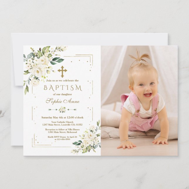 Invitation Fleurs blanches chic Gold Girl Photo Baptême (Devant)