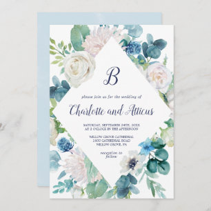 Invitation Fleurs blanches classiques Mariage diamant Monogra