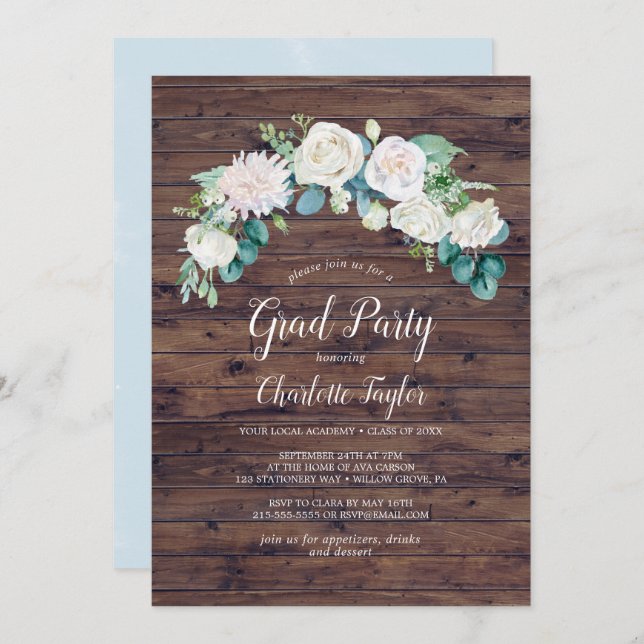 Invitation Fleurs blanches classiques | Rustic Graduation Par (Devant / Derrière)