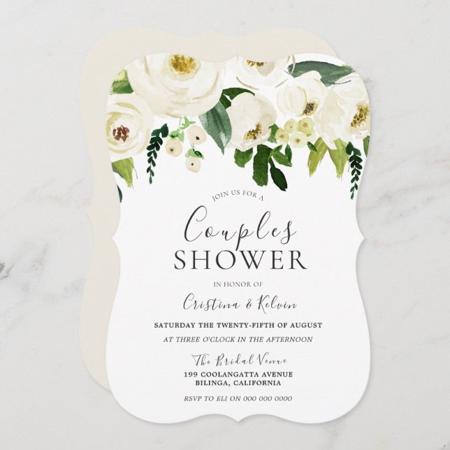 Invitation Fleurs blanches & Crème Elegant Couples Douche (Devant / Derrière)