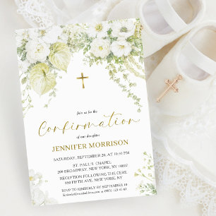 Invitation Fleurs Blanches & Croix Dorée Élégante Confirmatio