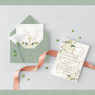 Invitation Fleurs blanches délicates Confirmation en or marbr