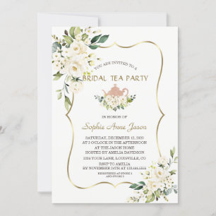 Invitation Fleurs blanches délicates Gold Bridal Tea Party