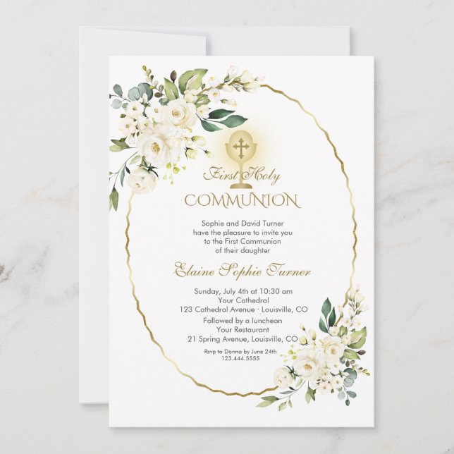 Invitation Fleurs blanches délicates Or Première Communion sa (Devant)