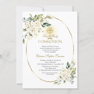 Invitation Fleurs blanches délicates Or Première Communion sa