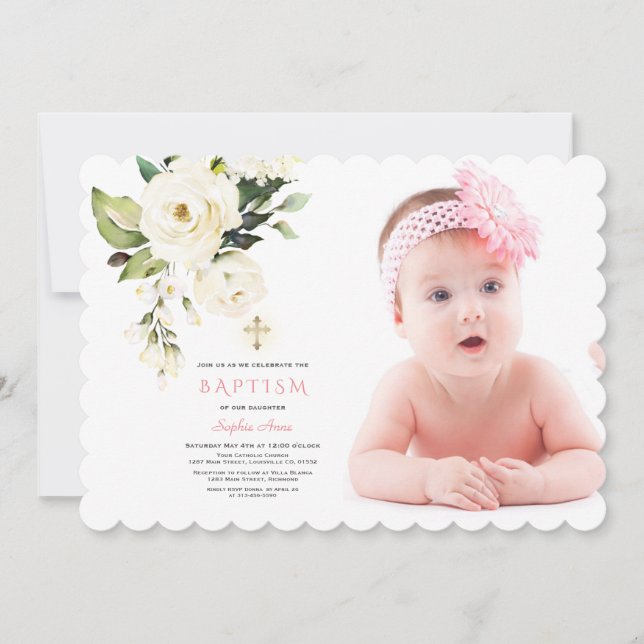 Invitation Fleurs blanches délicates Photo Girl Gold Baptême (Devant)