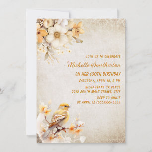 Invitation Fleurs blanches d'oiseaux jaunes rustiques 100e an