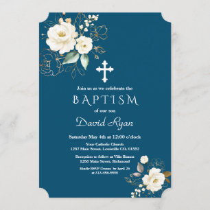 Invitation Fleurs blanches d'or de luxe Cross Boy Baptism