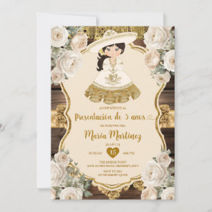 Invitation Fleurs blanches d'or Presentación De Tres Años