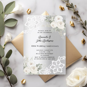 Invitation Fleurs blanches en argent 10e anniversaire mariage