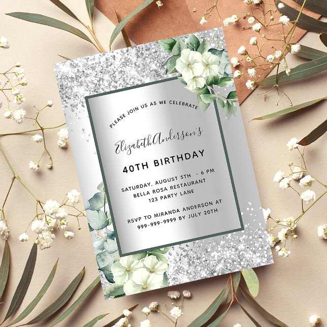 Invitation Fleurs blanches en argent eucalyptus anniversaire  (Créateur téléchargé)