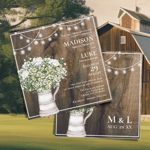 Invitation Fleurs blanches en bois rustique Chaîne de lumière