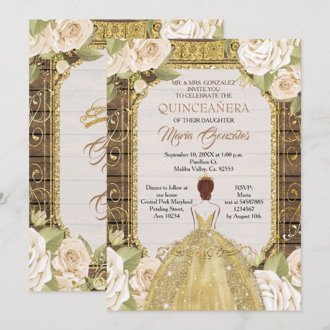 Invitation Fleurs blanches en bois rustique Quinceanera Anniv (Devant / Derrière)