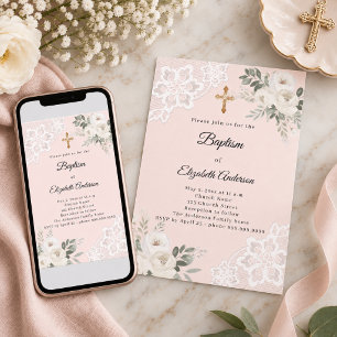 Invitation Fleurs blanches en dentelle rose saumon pour baptê
