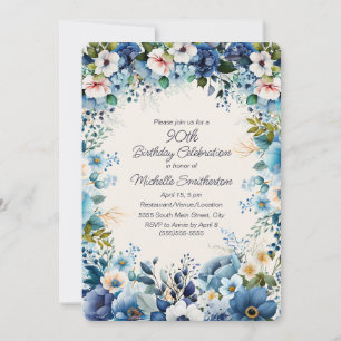 Invitation Fleurs blanches et bleu poussiéreux marine 90e ann