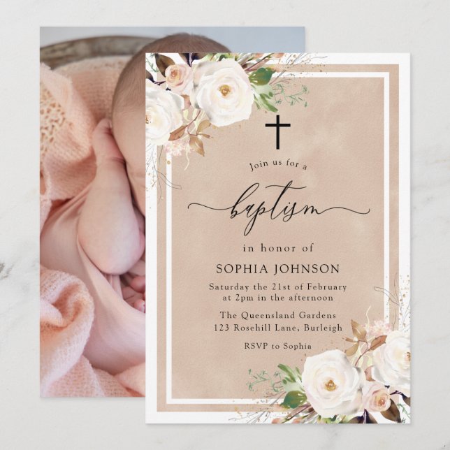 Invitation Fleurs blanches et bleues Baby Girl Photo Baptême (Devant / Derrière)