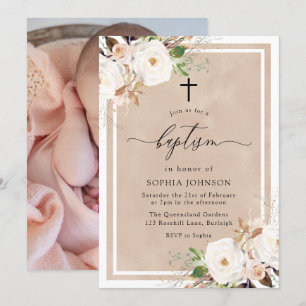 Invitation Fleurs blanches et bleues Baby Girl Photo Baptême