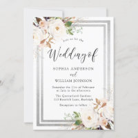 Fleurs blanches et bleues Bordure argentée Mariage