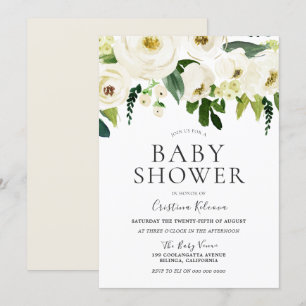 Invitation Fleurs blanches et crème Baby shower élégant