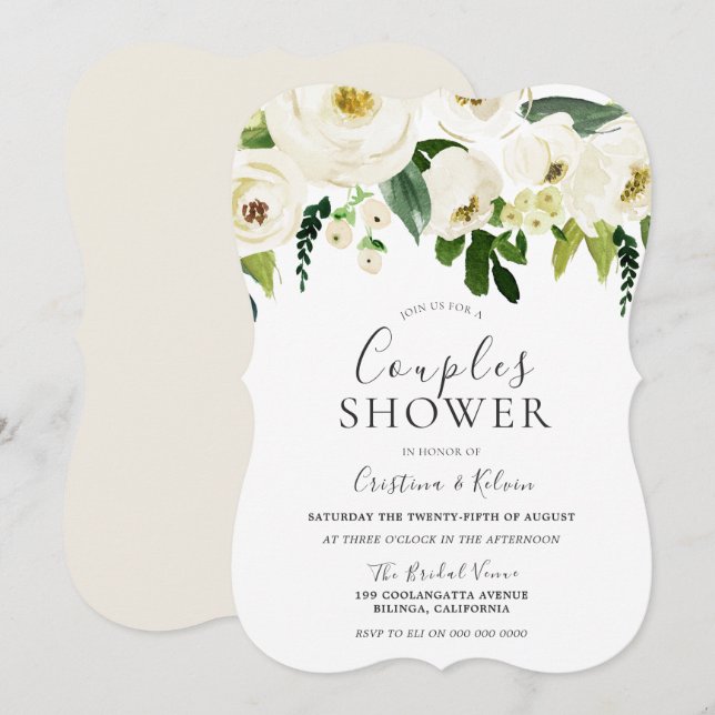 Invitation Fleurs blanches et crème Élégant Shower de couples (Devant / Derrière)