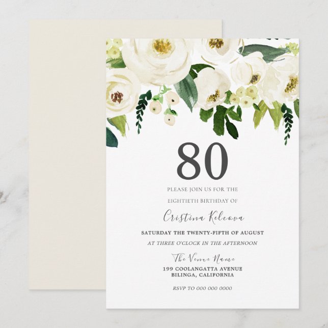 Invitation Fleurs blanches et crème Elégante fête de 80e anni (Devant / Derrière)