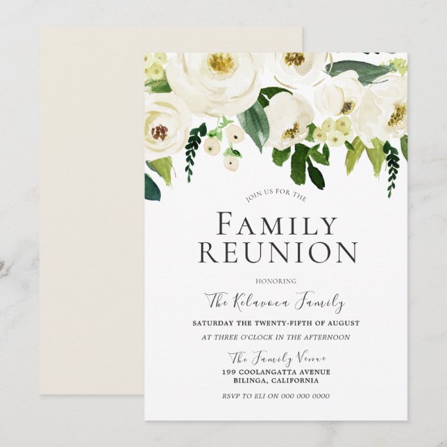Invitation Fleurs blanches et crème Elégante Réunion familial (Devant / Derrière)