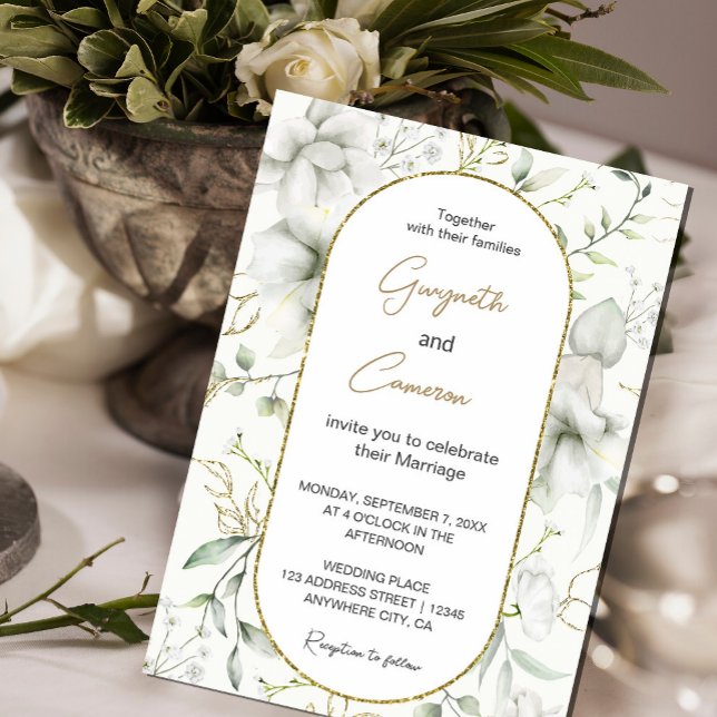 Invitation Fleurs blanches et Feuilles d'or (An elegant invitation that combines the simplicity of white flowers with the allure of gold. #leaves)