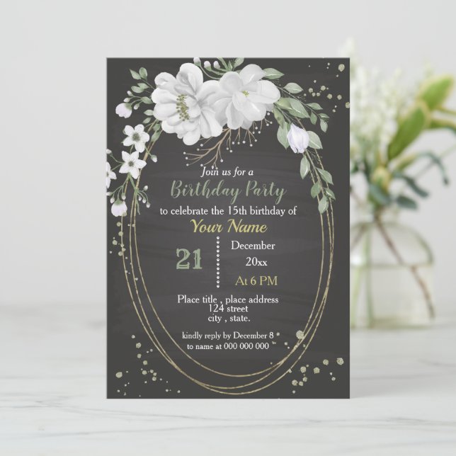 Invitation fleurs blanches et feuilles verts ovale anniversai (Debout devant)