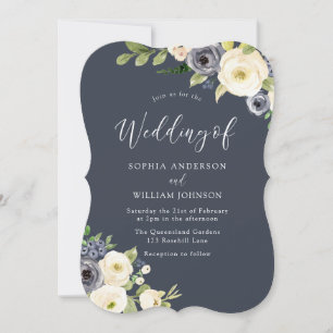 Invitation Fleurs blanches et marines Beau Mariage