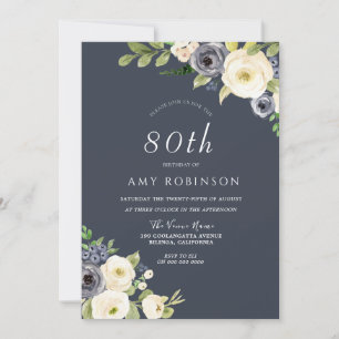 Invitation Fleurs blanches et marines Belle fête du 80e anniv