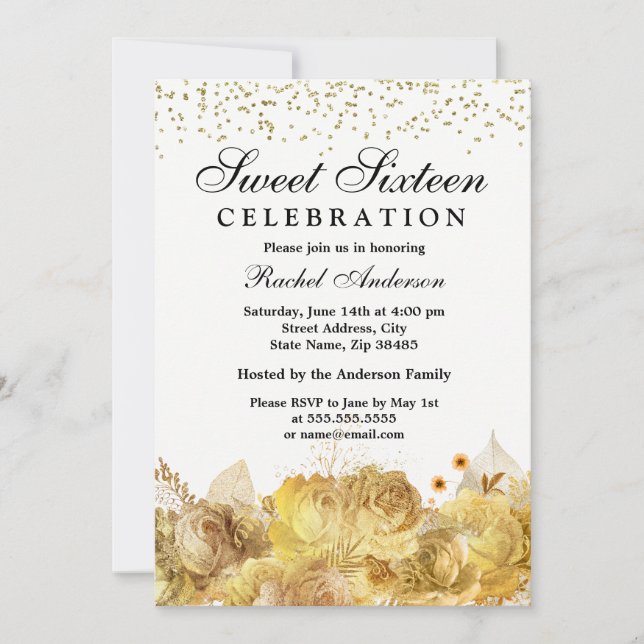Invitation Fleurs blanches et or Parties scintillant Sweet 16 (Devant)