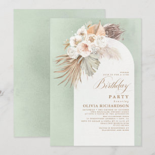 Invitation Fleurs blanches et Pampas Boho en herbe Anniversai
