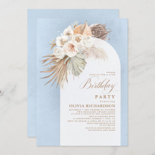 Invitation Fleurs blanches et Pampas Boho en herbe Anniversai
