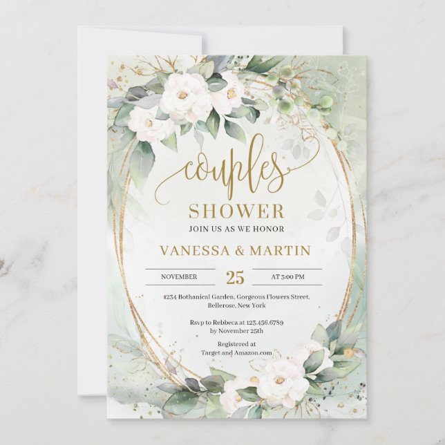 Invitation Fleurs blanches eucalyptus or oval couples douche (Devant)