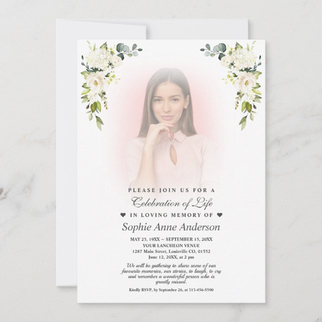Invitation Fleurs blanches Faded Photo Célébration de la vie (Devant)