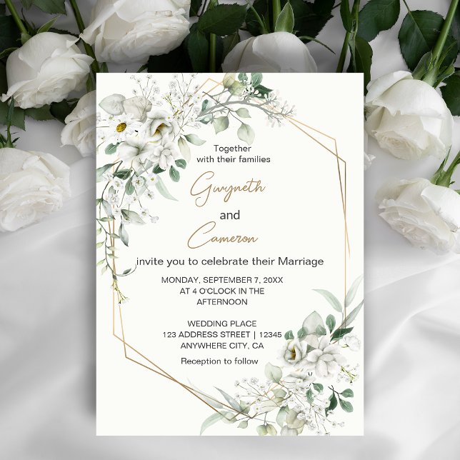 Invitation Fleurs blanches luxuriantes et or géométrique (An elegant invitation that combines the simplicity of white flowers with the allure of geometric. )