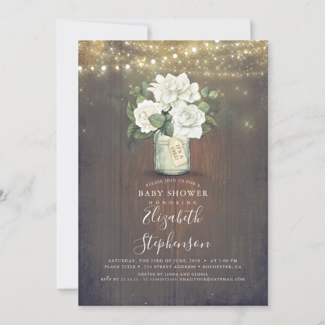 Invitation Fleurs blanches Mason Jar Baby shower rustique (Devant)
