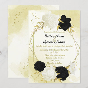 Invitation fleurs blanches noires or feuille mariage
