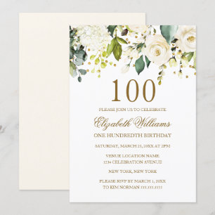 Invitation Fleurs Blanches Or Confettis 100e Anniversaire