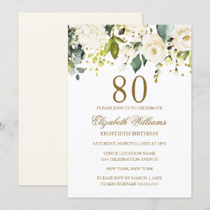 Invitation Fleurs blanches or Confettis 80e Anniversaire