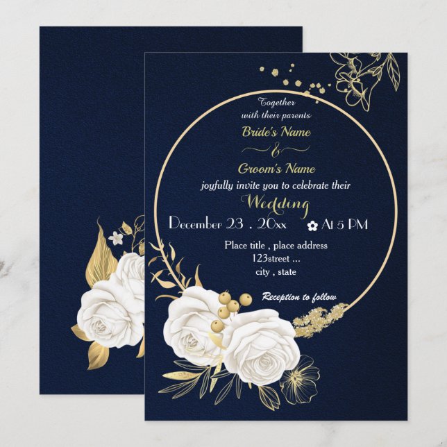 Invitation fleurs blanches or couronne marine mariage (Devant / Derrière)
