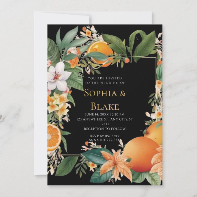 Invitation Fleurs blanches, oranges et verdure Mariage noir (Devant)
