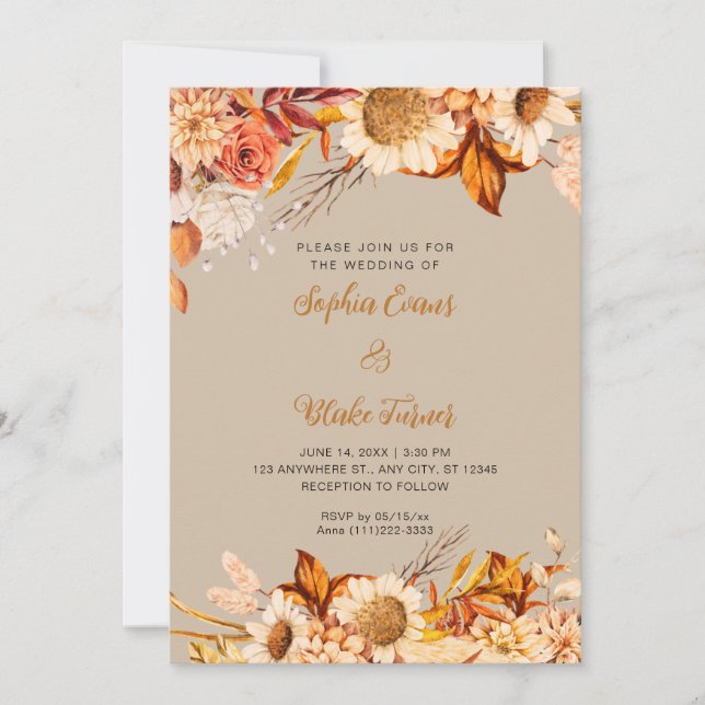 Invitation Fleurs blanches oranges rustiques Boho Vanilla Mar (Devant)